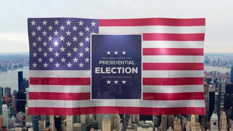 US flag banner sticker with NYC city skyline background, for the USA Presidential Election - 3D motion graphics animation