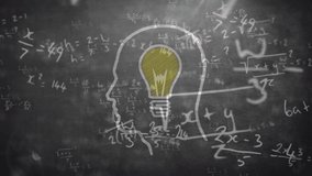 Animation of mathematical equations floating over a drawing of a human head with a lightbulb inside in the background. Science, research and global economy concept digitally composite - Powered by Shutterstock - Get 15% off with code: PIKWIZARD15