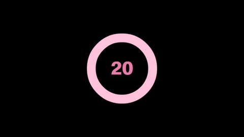 Digital countdown animation timer from 20 to 0 seconds with transparent background. Alpha Channel