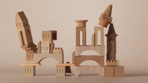 3d render of abstract castle. 3d render of wooden toy blocks structured in castle figure. Time reverse demolition animation.