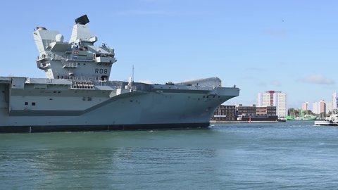 Portsmouth, Hampshire, UK, October 15, 2020. Aircraft Carrier HMS Queen Elizabeth arrives in her home port of Portsmouth. 