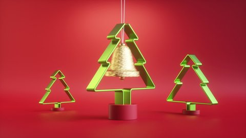 3d render, endless Christmas animation, festive pendulum isolated on red background. Swinging golden bell ornament, spinning green fir tree. Repeating beat. Seamless motion design. Live image