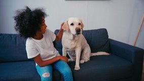 African american girl hugging and stroking dog while sitting on couch at home