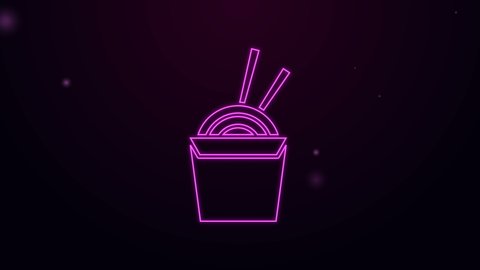 Glowing neon line Asian noodles in paper box and chopsticks icon isolated on purple background. Street fast food. Korean, Japanese, Chinese food. 4K Video motion graphic animation.