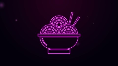 Glowing neon line Asian noodles in bowl and chopsticks icon isolated on purple background. Street fast food. Korean, Japanese, Chinese food. 4K Video motion graphic animation.