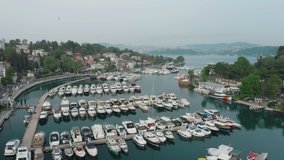 Aerial view of Tarabya private yacht harbor. 4K Footage in Turkey