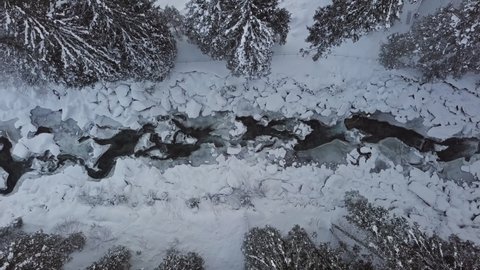 Overhead aerial view of winter forest and mountain river near Krimml Waterfalls, Land Salzburg, Austria.