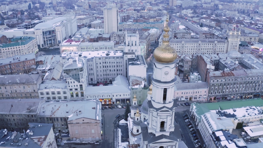 Kharkiv city from above. Aerial view of the Assumption Cathedral (Uspenskiy Sobor). Drone view of city center at winter.