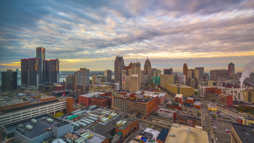 Detroit, Michigan, USA downtown cityscape time lapse at dusk.