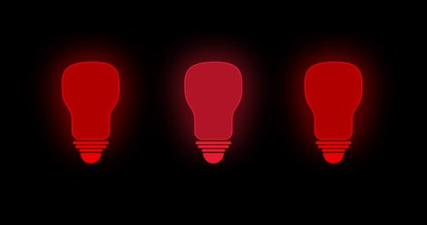 Red light bulb blinking and glowing on black . animated LED light bulb over 4k resolution