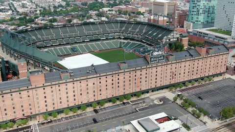 Baltimore , MD / United States - 08 23 2020: Welcome to Oriole Park at Camden Yards sign, aerial of home of Baltimore Orioles MLB team, field covered