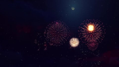 4K Real Fireworks Explosion on Smoke Foggy black Motion Background loop Sky on Fireworks Explosion. Festival Show, Wedding, Confetti, Happy Birthday, Christmas, Diwali, Christmas, Celebration,
