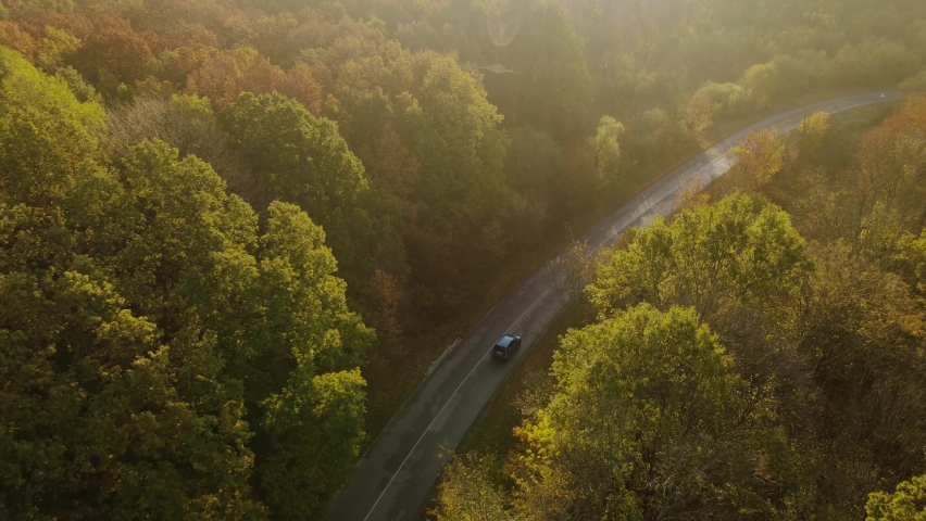 Aerial view of rural road with black car in yellow and orange autumn forest Royalty-Free Stock Footage #1060753441