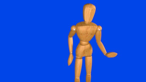 dancing wooden mannequin isolated on blue screen - 3d illustration animation