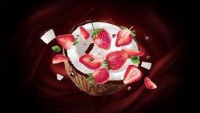 Strawberries and coconut on a dark brown background.