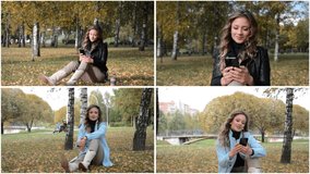 Video collage of a beautiful hipster girl in an autumn park. Girl typing a message on the phone