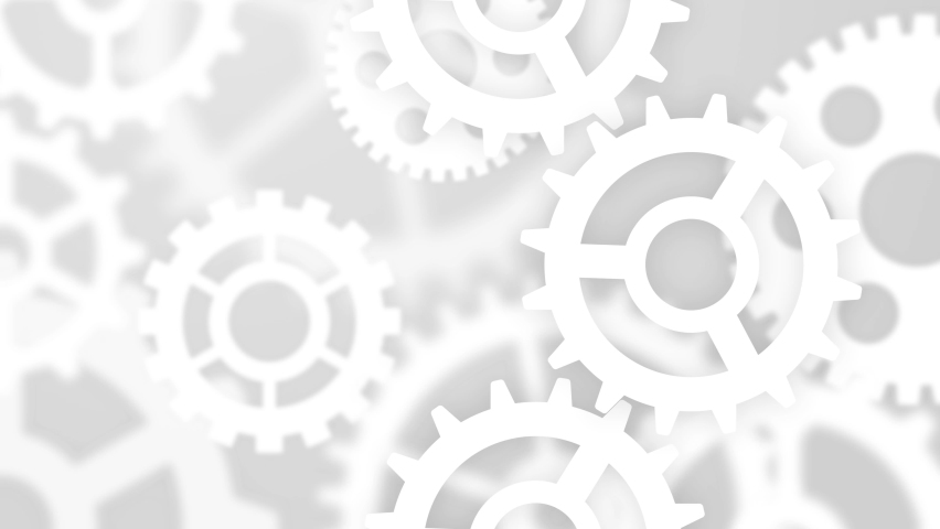 Abstract computing technology concept for business, finance and industry with gears. White cogwheels on gray blurred bokeh background.