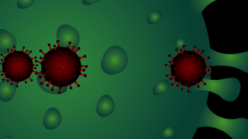 
moving with green virus bacteria on a red background