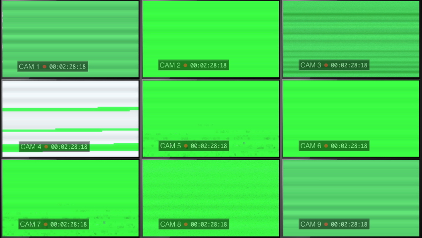 Multiscreen Monitors Display Bad Signal Green Screen. Multi cams system display a weak signal green screen with time code. For background replacement Royalty-Free Stock Footage #1060765855