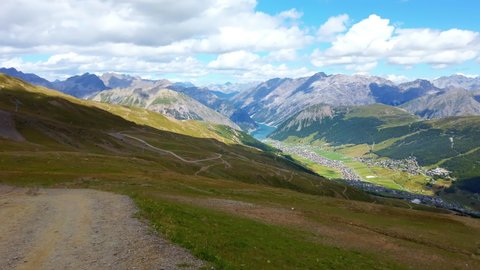 Panoramic shot Livigno Village Landscape Italy Alps in summer stunning view from above	