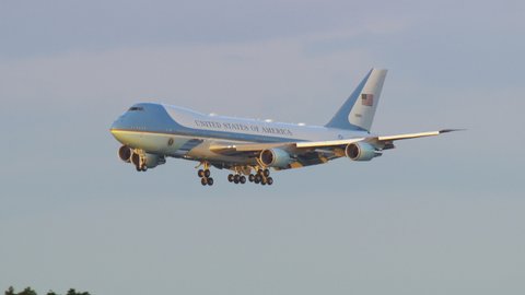 Orlando, FL October 2020 - Air Force One 747 airplane jet landing in Florida while carrying the United States President. Airforce 1 at sunset.