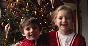 Adorable siblings little girl preschool boy enjoy video call communication with family sit near decorated glowing Christmas tree. Winter holidays congratulation remotely using modern tech app concept