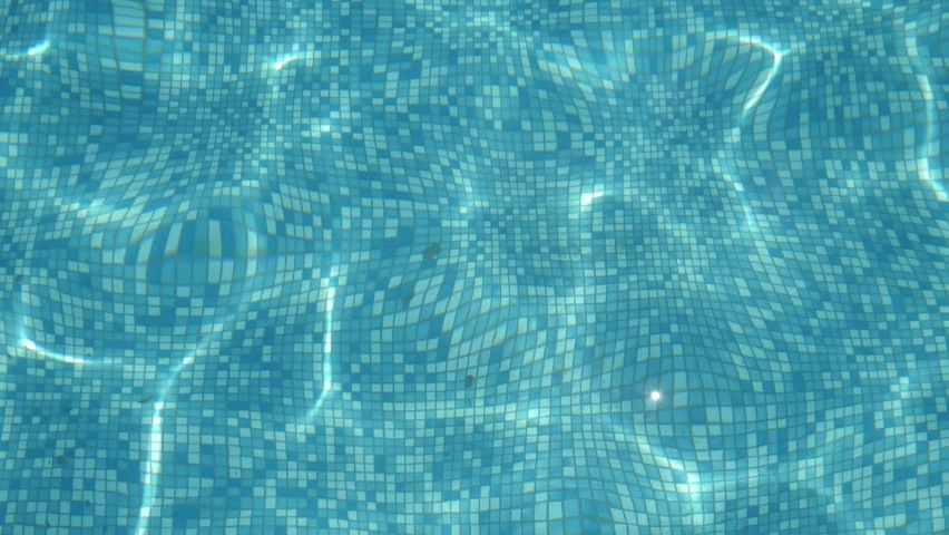 Fairy tale background view of transparent celeste waters changing their shape and shaping magic figures from sunny rays in a swimming pool on a sunny day in summer. Royalty-Free Stock Footage #1060777615