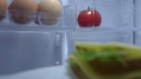 Video of young sleepy man opened fridge door and take bitten sandwich to take a bite. Chewing delicious snack and put it back on plate and close fridge's door.