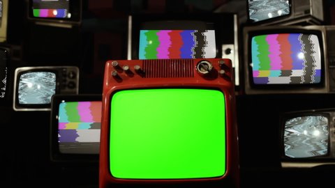 Stack of Old TVs with Color Bars and Static Noise and a Retro Red TV with Green Screen. 