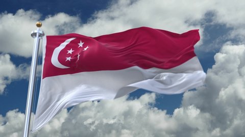 looping flag of Singapore with flagpole waving in wind,timelapse rolling clouds background.A fully digital rendering. 