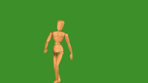 stumbling drunk dummy wooden mannequin isolated over green screen - 3d illustration animation
