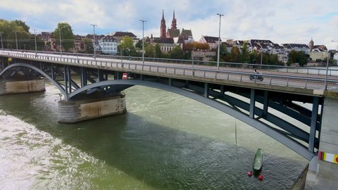 Aerial view over the city of Basel Switzerland and River Rhine - drone footage