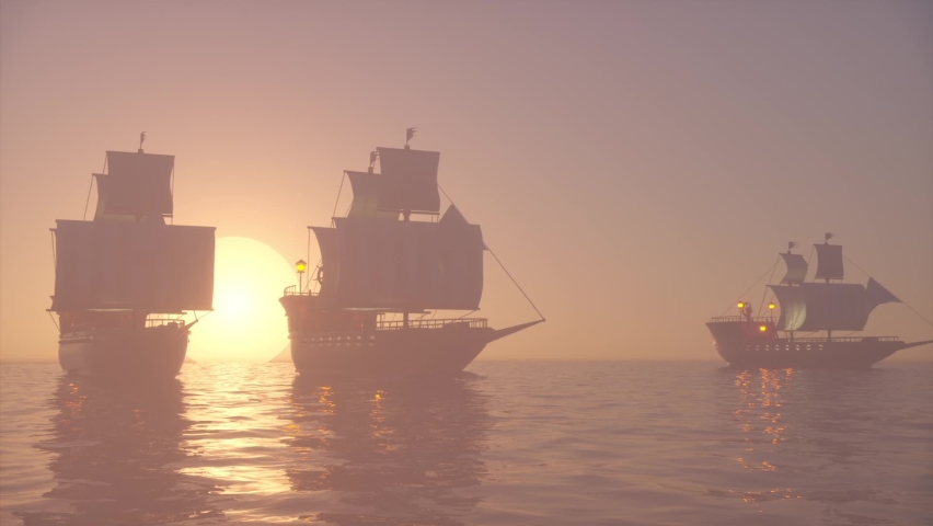 3D Animation of old wooden warships fleet on a foggy ocean at sunset Royalty-Free Stock Footage #1060790836