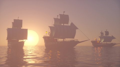 3D Animation of old wooden warships fleet on a foggy ocean at sunset