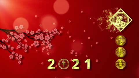 Chinese Lunar New Year 2021 year of the Ox with Chinese calligraphy meaning year of the Ox and good health, good fortune and happiness