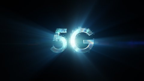 5G technology text animation. Stylish silver letters glow and shimmer on the black background, beautiful typography techno design.