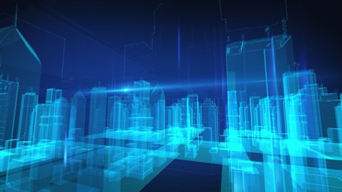 Holographic digital city buildings, high-tech wireframe cities, futuristic big data city buildings.