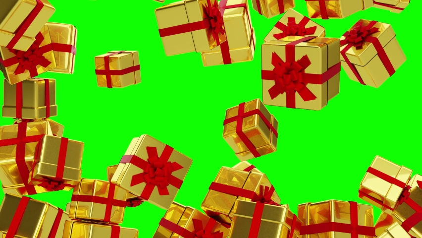 Golden boxes with gifts are falling on a green background.