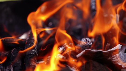 Fire burning in grill. Real fireplace full of wood and fire. Beautiful motion of vivid fire flame over the wooden logs. Charcoals in bright fire. Slow motion.