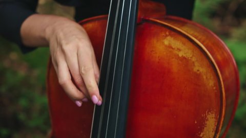 Cello playing. Woman's fingers perform music on strings of a cello. Musical instrument in female's hands outdoors. Close-up.