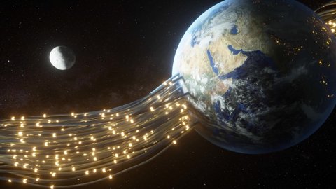 Wires passing through the planet earth and giving it energy. The pulses run along the fiber optic. Technological concept. 3d render