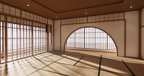 The design of the Japanese style room is spacious And light in natural tones. 3D rendering