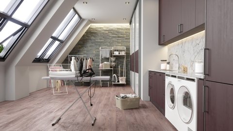3d Rendering of Laundry Room With Washing Machine, Dryer And Ironing Board At The Attic