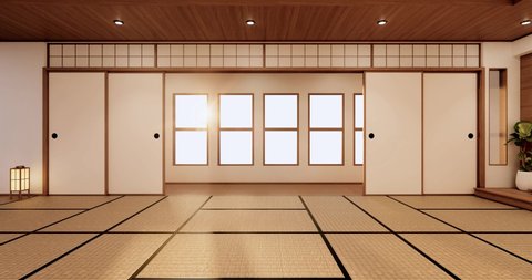 The design of the Japanese style room is spacious And light in natural tones. 3D rendering