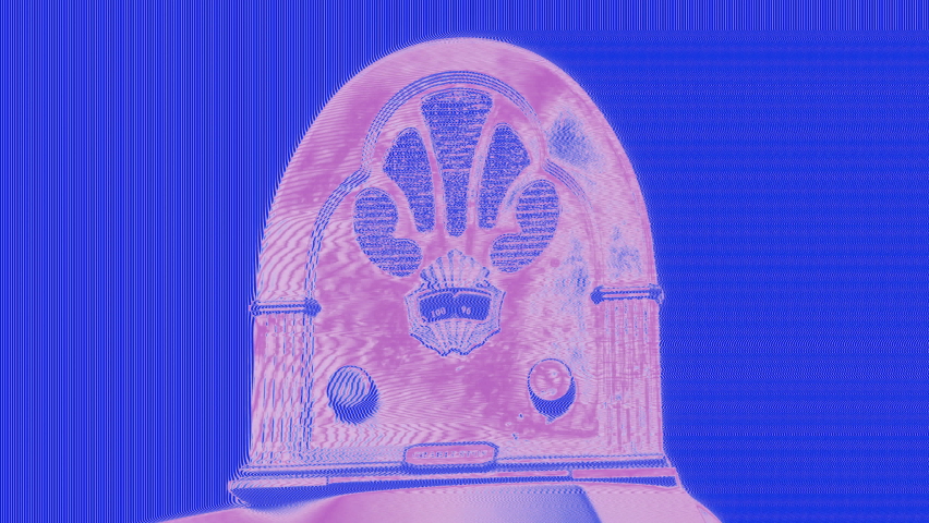 Vaporwave neon styled clip: a vintage radio, 1920s circa, with a zoom-in movement synchronized to a music beat.
