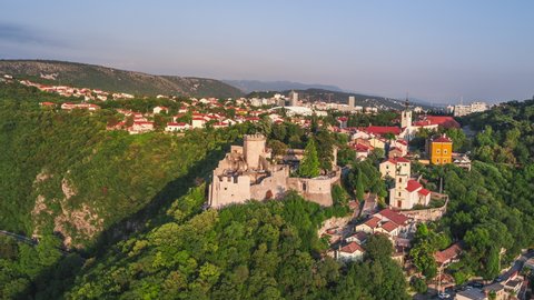 Establishing Aerial View Shot of Rijeka, Rijeka Castle, Croatia