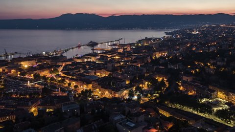 Establishing Aerial View Shot of Rijeka, Old Town, Croatia at night evening