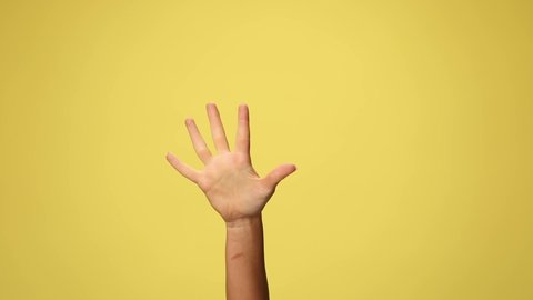 one hand counting up to to five on yellow background
