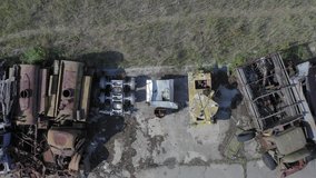 Video from the drone. Equipment cemetery in the village of Buryakovka. Radioactive transport that participated in the liquidation of the Chernobyl accident. Remains of burial equipment.  