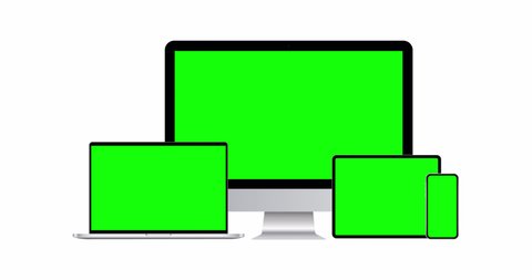 Modern devices mockups: PC, laptop, tablet computer, smartphone with green screens. Animation with motion zoom effect